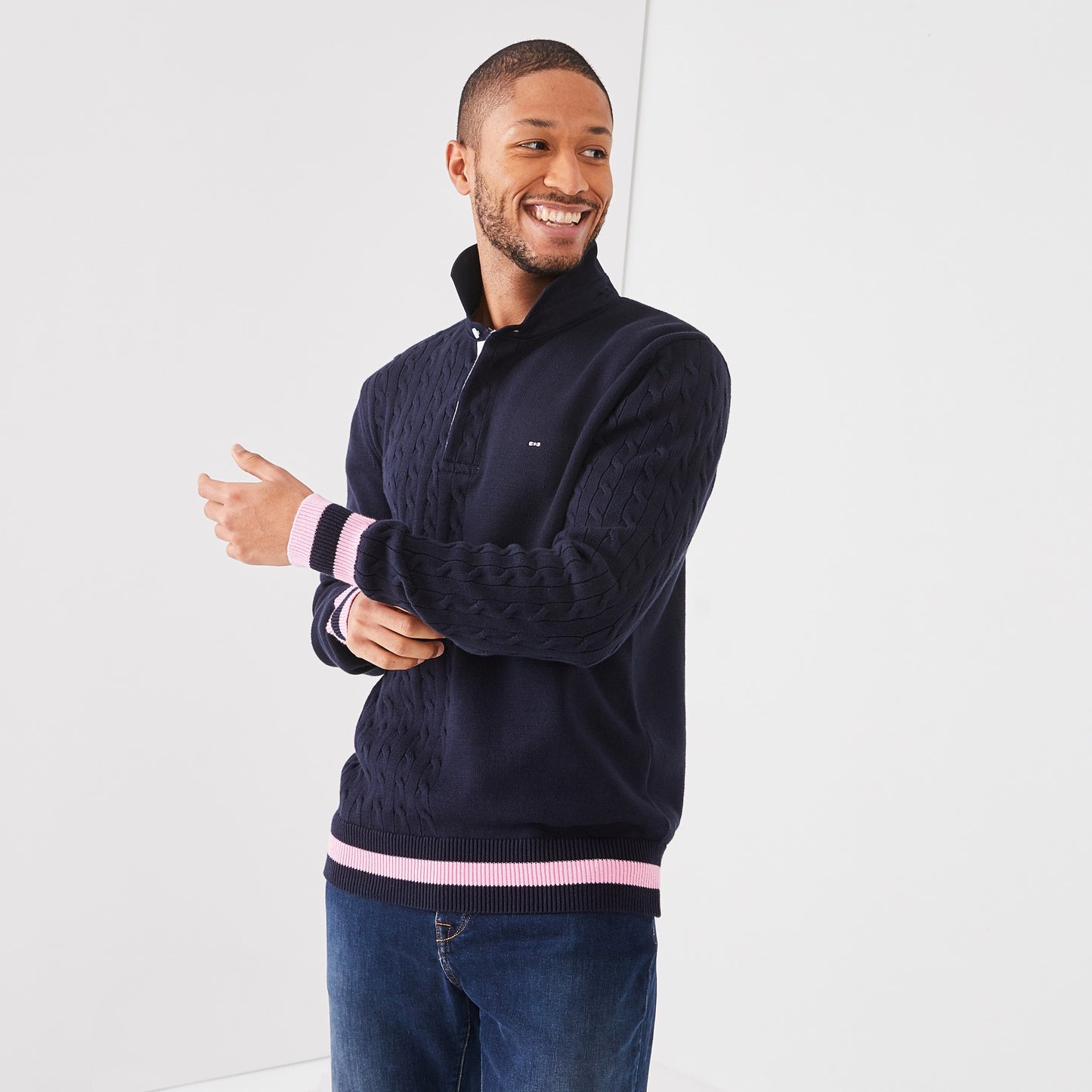 Navy cotton jersey-neck sweater with twists