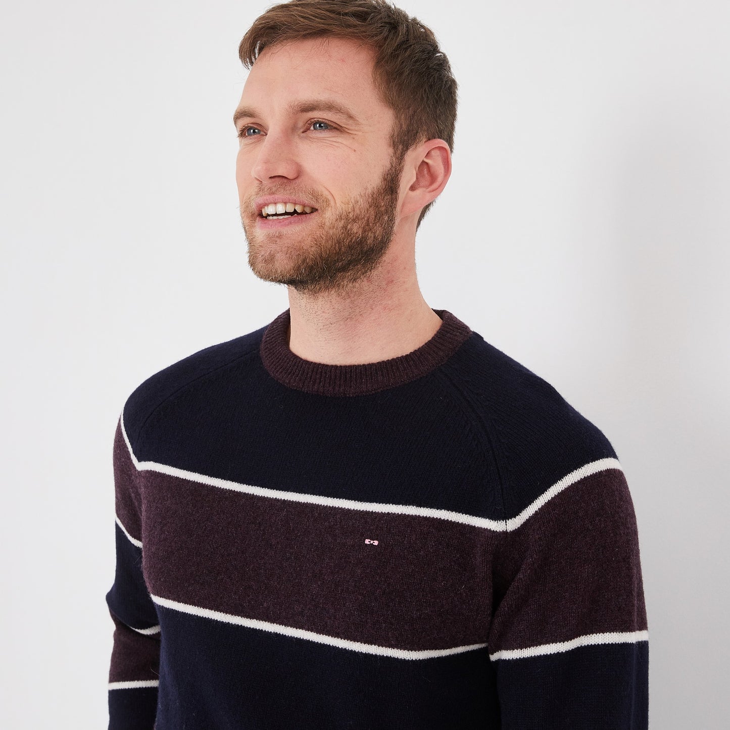 Navy and plum striped wool round-neck sweater