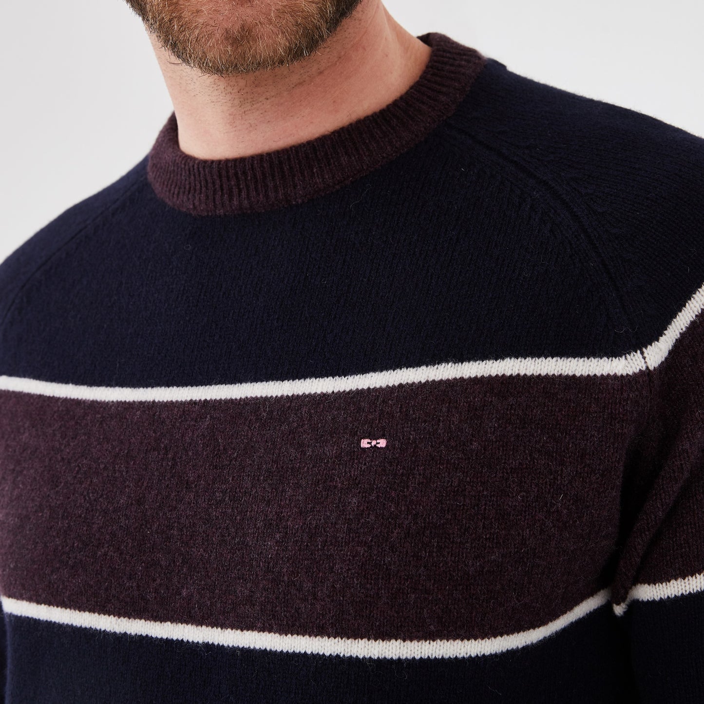 Navy and plum striped wool round-neck sweater