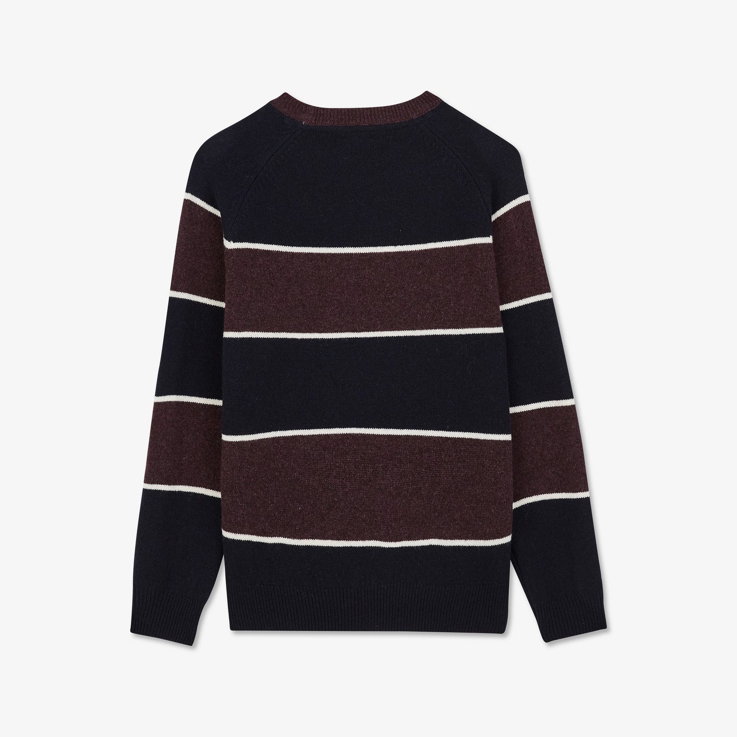 Navy and plum striped wool round-neck sweater