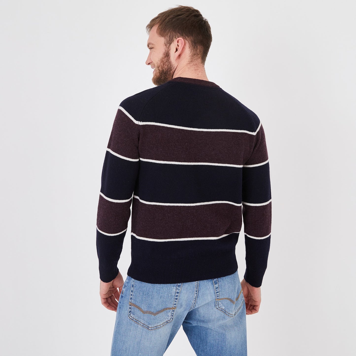 Navy and plum striped wool round-neck sweater