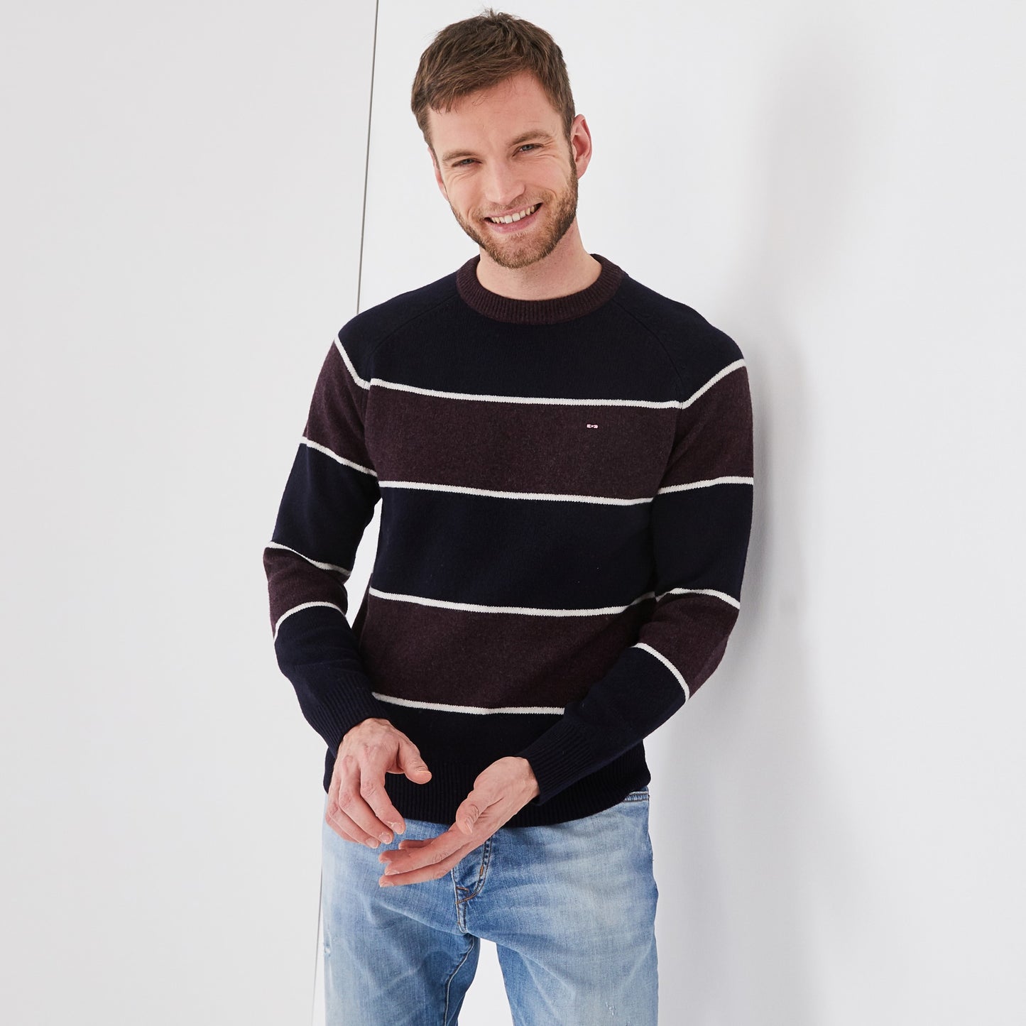 Navy and plum striped wool round-neck sweater