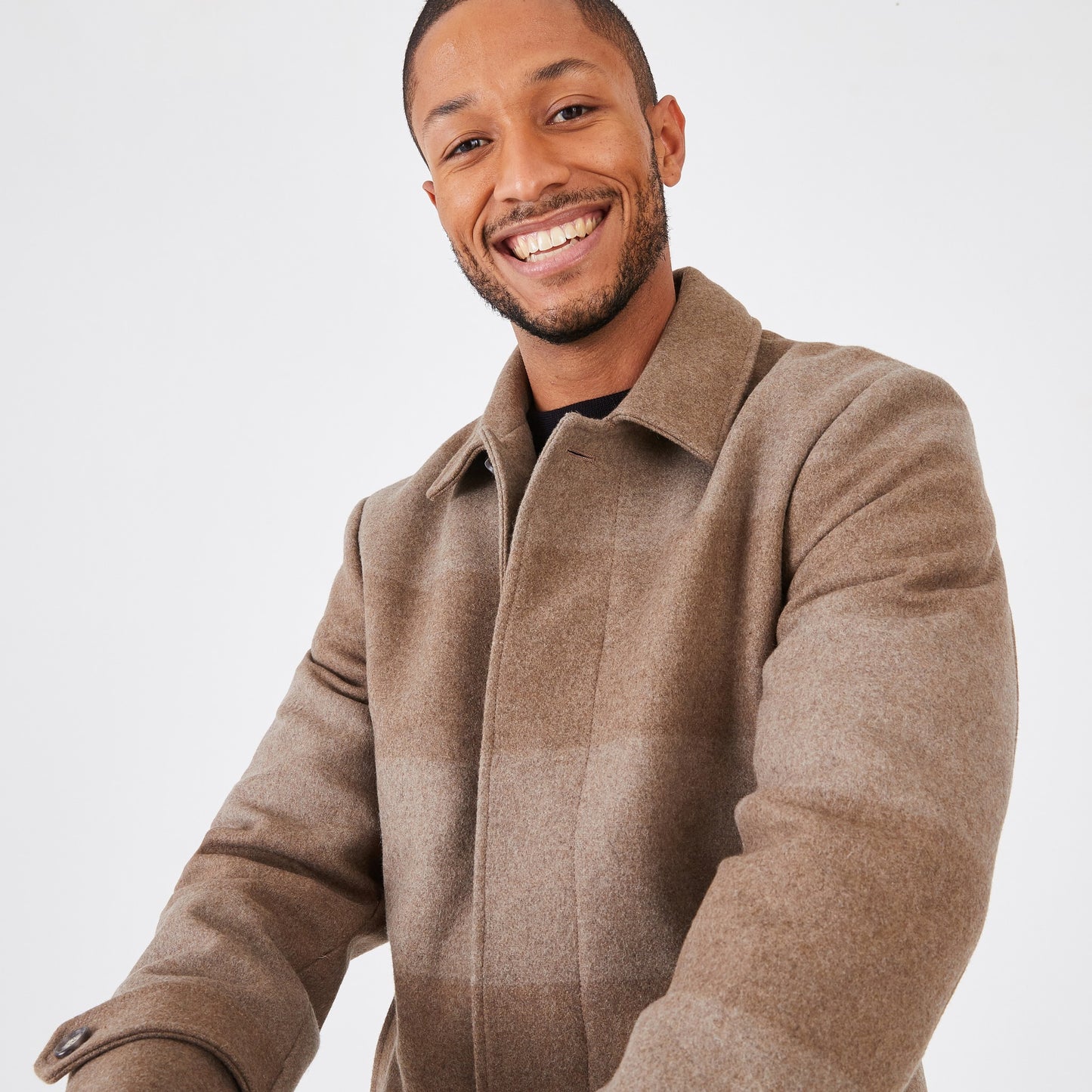 Short camel coat in striped wool blend