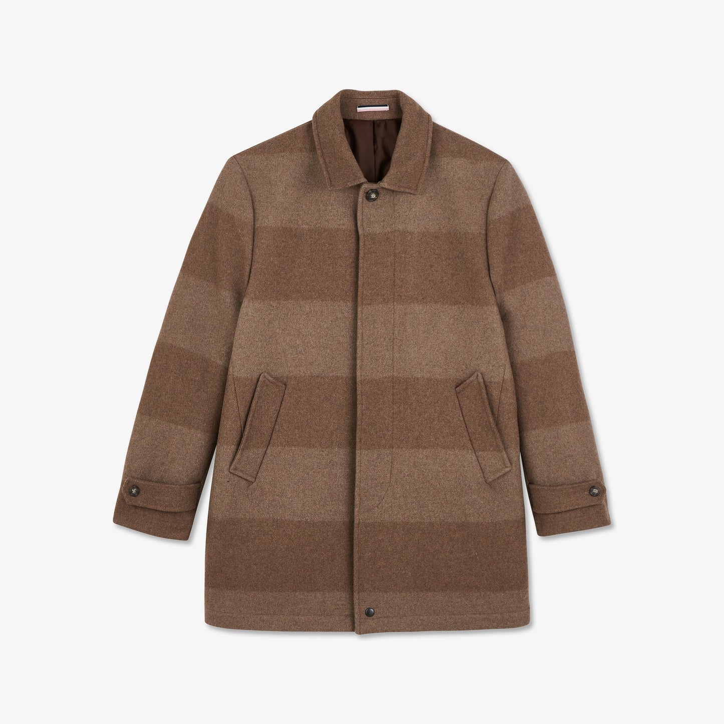 Short camel coat in striped wool blend