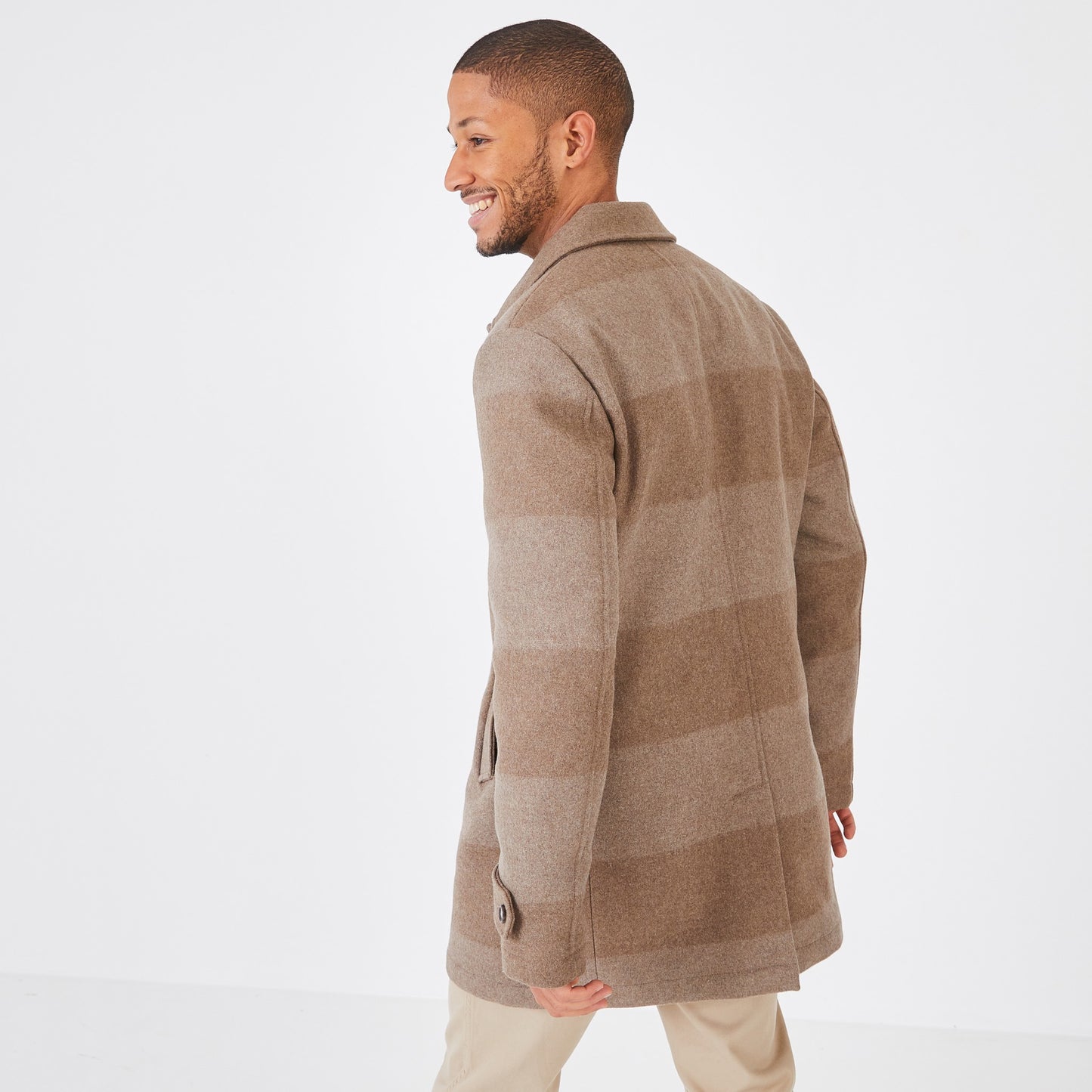 Short camel coat in striped wool blend