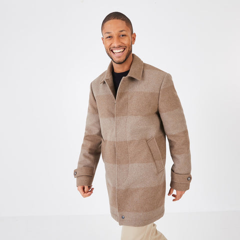 Short camel coat in striped wool blend - Image 1