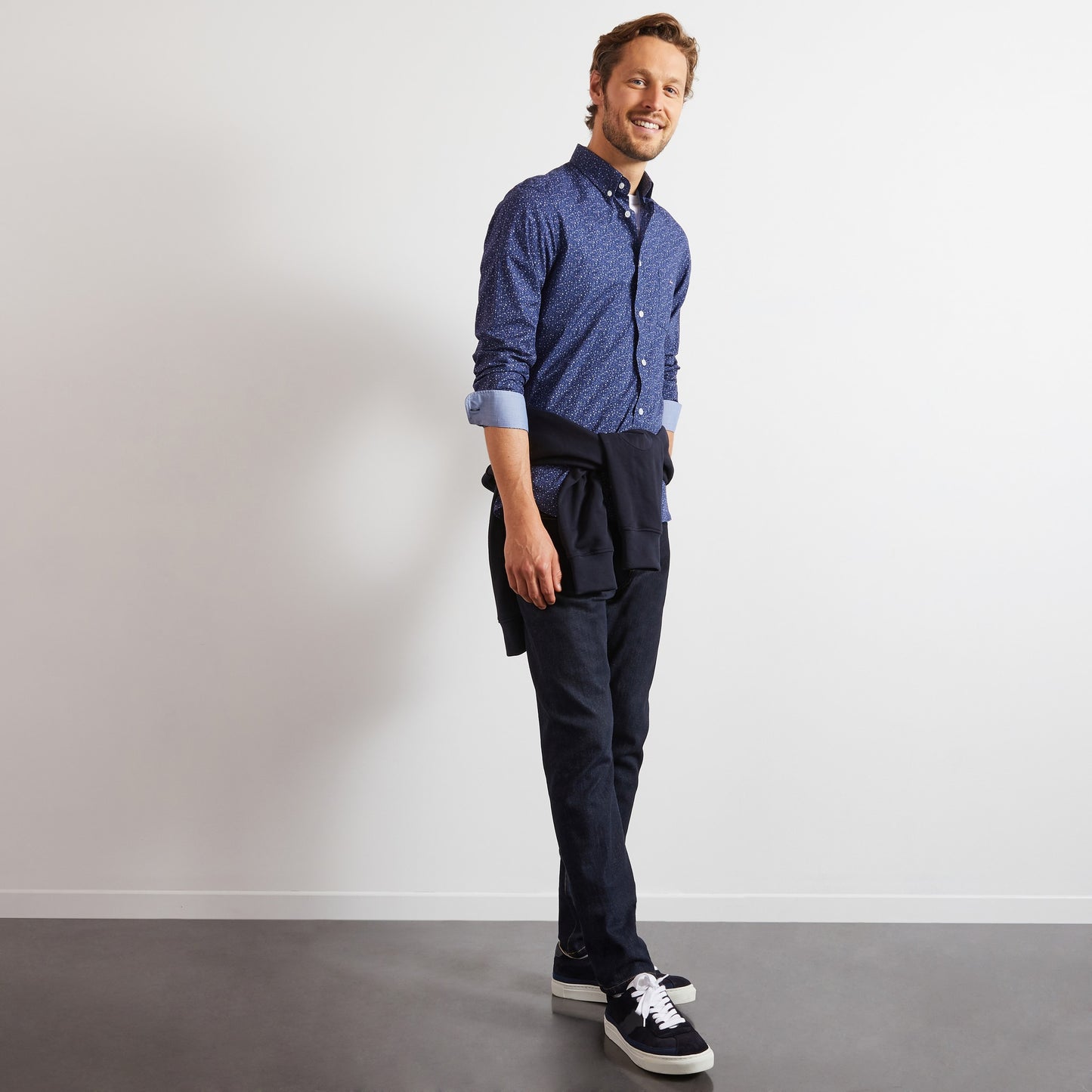 Navy blue shirt with a grey floral motif