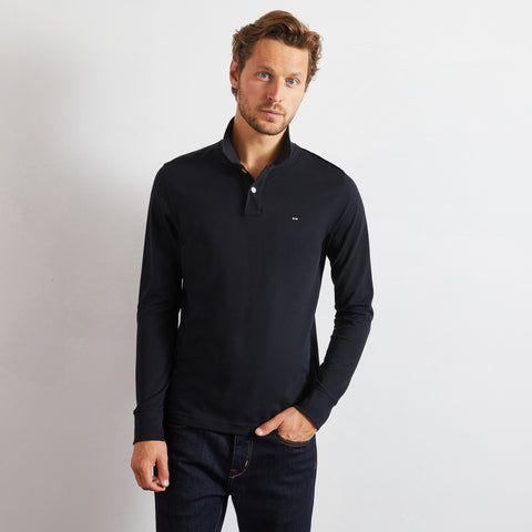 Polo à manches longues en coton piqué uni noir - Image 1