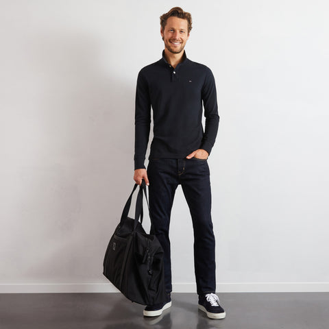 Polo à manches longues en coton piqué uni noir - Image 3