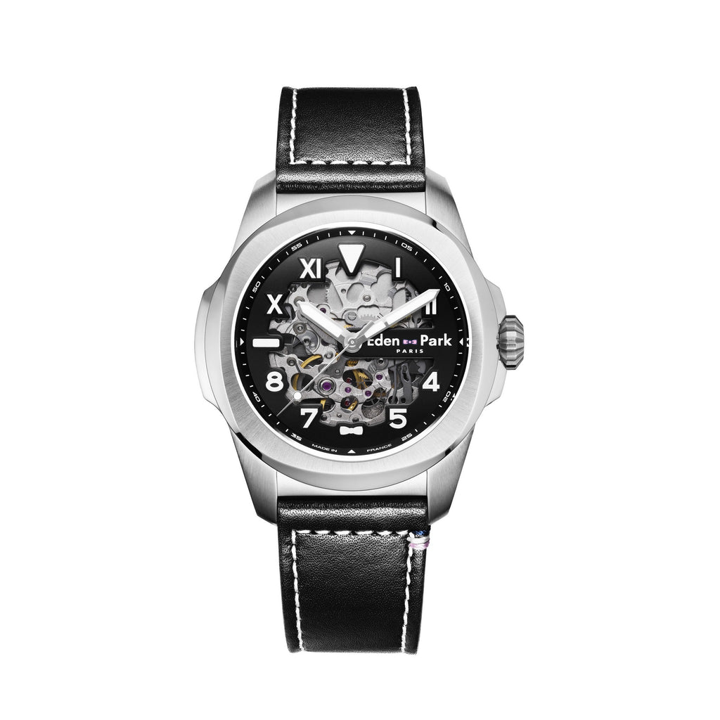 Montre automatique skeleton en cuir noir