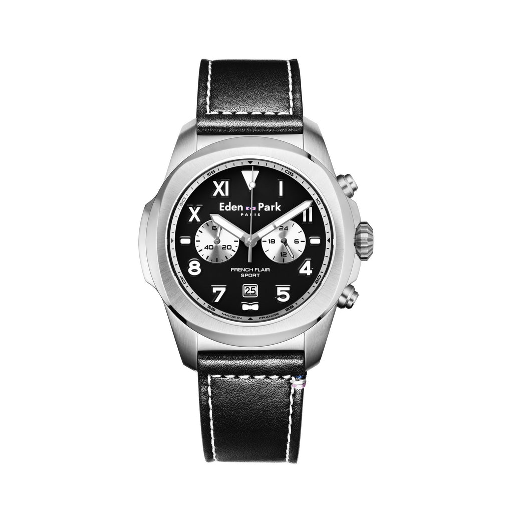 Montre à quartz chronographe en cuir noir