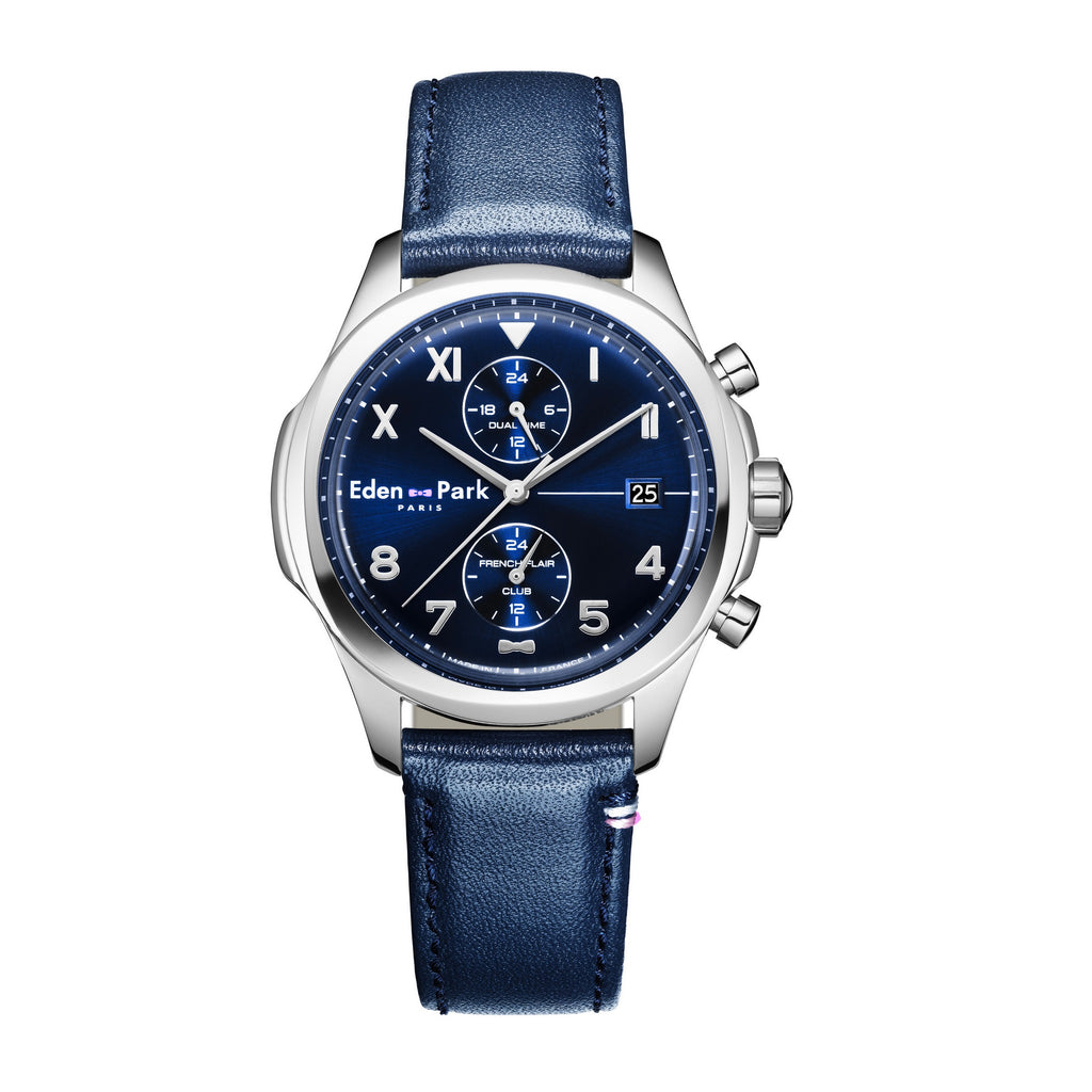 Montre à quartz dual time en cuir bleu foncé